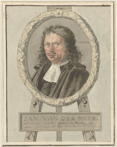 Portret van Johannes van der Meer de Oude, in lauwerkrans op schildersezel door Tako Hajo Jelgersma (possibly)