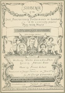 Titelpagina van Souvenir van de eerste Jubileumvoorstelling in Londen van De Vrolijke Weduwe door Talbot Hughes