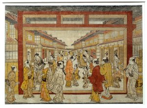 Perspectiefzicht op Nakano-Cho. Japanse prent door Masanobu Tanaka, actief tussen 1741 en 1748, Ukiyo-E stijl. Parijs, Musée Guimet door Tanaka Masunobu