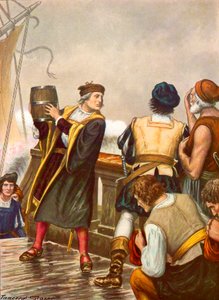 Columbus op de terugreis van zijn eerste reis gooit een vat in zee