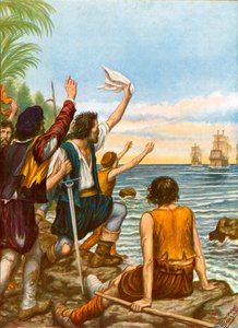 Diego Masques, kapitein van een van de schepen van de tweede expeditie van Christoffel Columbus, achtergelaten op een eiland met acht mannen door Tancredi Scarpelli