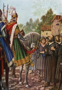 Keizer Frederik I Barbarossa (1122-1190) op zijn tweede reis naar Italië in 1158 steekt de rivier de Adda over en ontmoet de mensen van Lodi die hem smeken hun grondgebied terug te krijgen door Tancredi Scarpelli