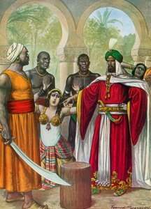 Ibn-Timnah dreigt de aderen in de armen van zijn vrouw Meimuna door te snijden door Tancredi Scarpelli