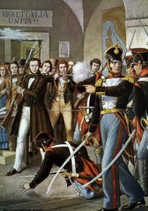 Opstandige bewegingen van 1830: De arrestatie van Ciro Menotti (1798-1831) Italiaanse patriot lid van de Carbonari-beweging (Carboneria, kolenwerk) in Modena, Italië 1830