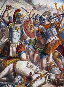 Romeinse oudheid: Romeinse generaal Lucullus (115-67 v.Chr.) veroverde Tigrane II en de Pontische en Armeense legers en nam Tigranocerte (Tigranokert of Tigranocerta) in, dat hij plunderde, Armenië, 6 oktober 69 v.Chr. door Tancredi Scarpelli