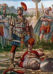 Romeinse oudheid: weergave van consul Titus Manlius Imperiosus Torquatus die een Galliër verslaat in 361 v.Chr. door Tancredi Scarpelli