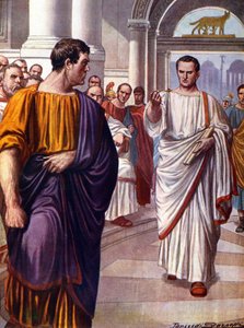 De Romeinse staatsman Cicero (Marcus Tullius Cicero) (106-43 v.Chr.) ontmoet de samenzweerder Catilina (Lucius Sergius Catilina) (108-62 v.Chr.), die hij in 63 v.Chr. aanklaagt tijdens de Catilinarische redevoeringen. Illustratie door Tancredi Scarpelli (1