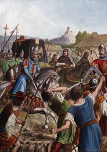 De begrafenisstoet van keizer Otto III van het Heilige Roomse Rijk (980-1002) brengt de resten door Italië naar Aken, vechtend tegen opstandige bevolkingen door Tancredi Scarpelli