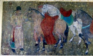 Chinees Kunst: twee palefreniers die vier paarden leiden in een keizerlijke stal (detail)
