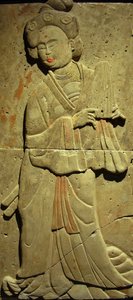 Terracotta stele met muzikant, Tang-dynastie (618-907), ontdekt in de provincie Shaanxi, Steles Forest Museum in Xian. Fotografie, Leonard de Selva, China, 2006.