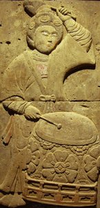 Terracotta stele met muzikant, Tang-dynastie (618-907), ontdekt in de provincie Shaanxi, Steles Forest Museum in Xian.