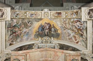 Christus in glorie met Sint Gaudentius en in de boog Zacharias, Mozes en koning David door Tanzio da Varallo