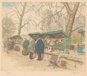 Boekenkramen op de Quai de Montebello, de Notre-Dame in de achtergrond door Tavík František Šimon (signed by artist)
