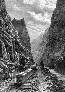 Een trein die door de Rocky Mountains rijdt, VS, 19e eeuw