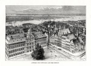 Stadhuis en rivier de Schelde, Antwerpen, België, 1879