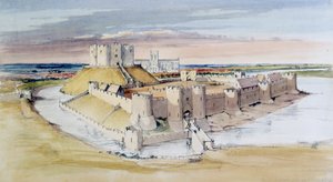 Illustratie van York Castle, North Yorkshire, zoals het zou kunnen zijn geweest in de late 13e eeuw, 1985