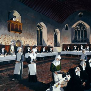 Reconstructie van de refter tijdens de 15e eeuw, Denny Abbey, Cambridgeshire