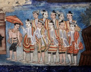 Een groep Thai yai (Shan) mannen, detail van de muurschilderingen van Viharn laikam die de Sang Thong-verhalen uitbeelden (muurschildering) door Thai School