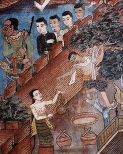 Detail van een muurschildering in de Viharn laikam bij Wat Phra Singh