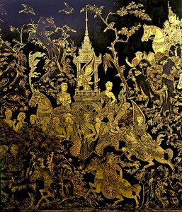Detail van een scherm, een episode uit de legende Inao door Thai School