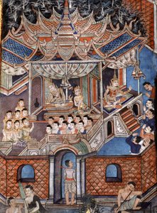 Detail van de muurschilderingen van Viharn laikam die de Sang Thong-verhalen uitbeelden (muurschildering) door Thai School