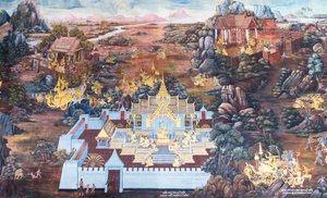 Muurschildering met scènes uit de Ramayana in Wat Phra Kaeo, het Koninklijk Paleis, Bangkok, Thailand door Thai School