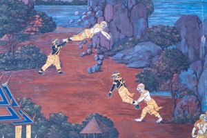 Muurschildering met scènes uit de Ramayana in Wat Phra Kaeo, het Koninklijk Paleis, Bangkok, Thailand