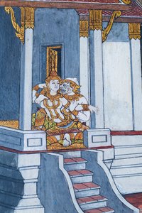 Muurschildering met scènes uit de Ramayana in Wat Phra Kaeo, het Koninklijk Paleis, Bangkok, Thailand door Thai School