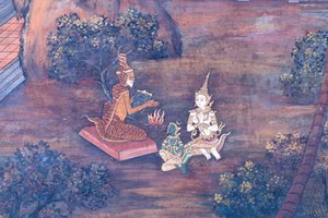 Muurschildering die scènes uit de Ramayana uitbeeldt in Wat Phra Kaeo, het Koninklijk Paleis, Bangkok, Thailand
