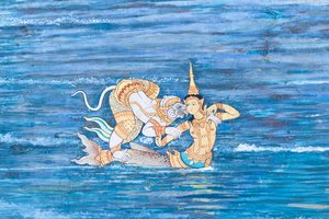 Muurschildering met scènes uit de Ramayana in Wat Phra Kaeo, het Koninklijk Paleis, Bangkok, Thailand door Thai School
