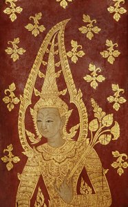 Rattanakosin-stijl deurpaneel met afbeelding van een godheid, ca. 1860 (beschilderd hout) door Thai School