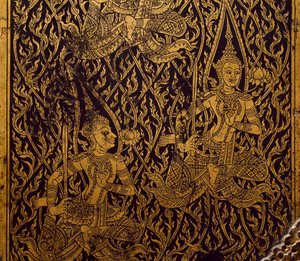 Kast voor soetra, gesneden en gelakt hout, uit Bangkok, Thailand, Detail, Thaise beschaving, begin 19e eeuw door Thai School