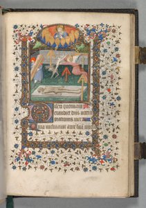 Getijdenboek Gebruik van Parijs: Fol. 118r, Engel en duivel vechten om een ziel
