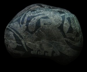 De ica-steen. Een man die een dinosaurus doodt