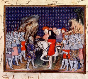 Harley 1319, fol.44, Koning Richard II ontmoet de Graaf van Northumberland in Conway en biedt aan de kroon neer te leggen door The Virgil Master