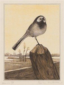 Kwikstaart op paal door Theo van Hoytema (signed by artist)