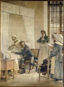 René Laennec onderzoekt een patiënt voor zijn studenten. René-Théophile-Hyacinthe Laennec, Franse arts, uitvinder van de stethoscoop. Fresco