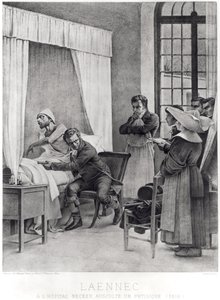 Rene Theophile Hyacinthe Laennec luistert naar de borst van een man met tuberculose door Theobald Chartran