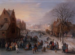 Een winterstadsgezicht met talrijke figuren door Theobald Michau