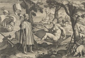 Nieuwe Uitvindingen van de Moderne Tijd [Nova Reperta], De Ontdekking van Amerika, plaat 1 door Theodoor Galle