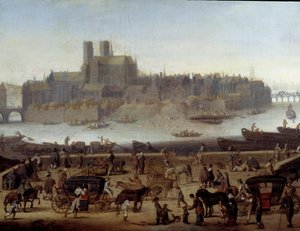 Le quai et le pont de la Tournelle à Paris (detail). Uitzicht op de dokken en het eiland La Cité. Toegeschreven aan Theodor Matham (1646) Parijs, musee Carnavalet door Theodor (attr. to) Matham