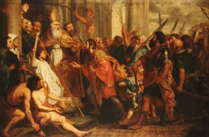 Sint Ambrosius, Bisschop van Milaan, Weigert Keizer Theodosius Toegang tot de Kathedraal van Milaan door Theodor Boeyermans