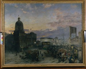Washington Street, Indianapolis bij schemering door Theodor Groll
