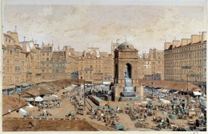 Gezicht op de Marche en de fontein van de onschuldigen in Parijs in de 19e eeuw. Aquarel door Theodore Joseph Hubert Hoffbauer (1839-1922) 19e eeuw Parijs, Musee Carnavalet door Theodor Josef Hubert Hoffbauer