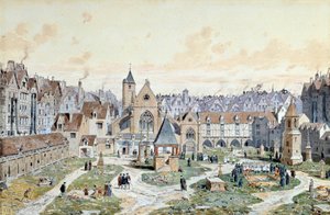 Uitzicht op de begraafplaats van de Onschuldigen in Parijs in 1550