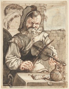 Een Violist, Halffiguur en Face, Zittend voor een Tafel met Bladmuziek, een Kruik en een Glas