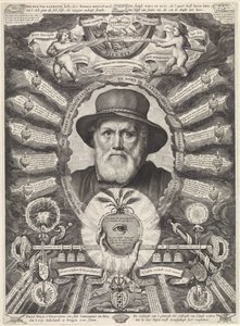 Portret van Dirck Volckertsz. Coornhert in allegorische omlijsting door Theodor Matham