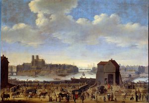Zicht op de Quai en de Pont de la Tournelle, Ile de la Cité en Ile Saint Louis in Parijs rond 1646 Schilderij door Theodor Dirck Matham (1606-1676) 1646 Parijs, Musee Carnavalet