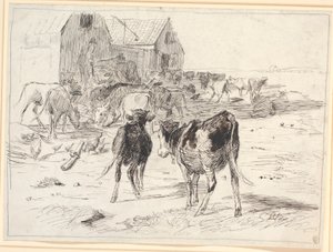 Hooioogst op Saltholm. Kalveren verzamelen zich rond wagens bij de schuur door Theodor Philipsen