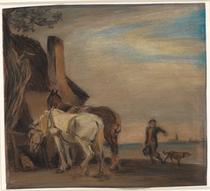 Jongen die water brengt naar twee paarden (kopie naar schilderij van Paulus Potter in het Louvre) door Theodor Philipsen